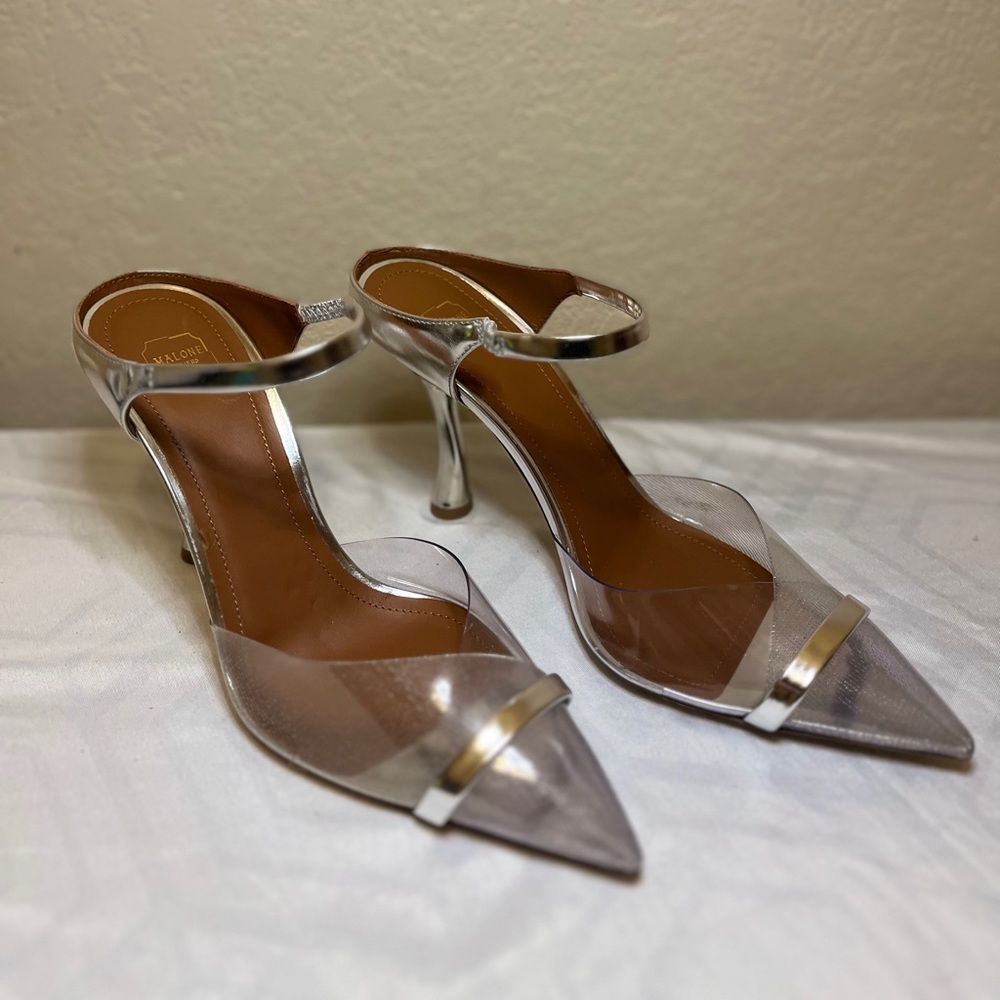 Silver leather Malone Souliers clear detail mules.